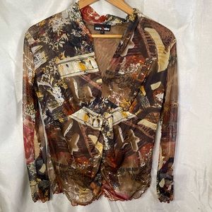 y2k Brown Tan Red Mesh Grunge Tattoo Print Long Sleeve Lettuce Hem V-Neck Top
